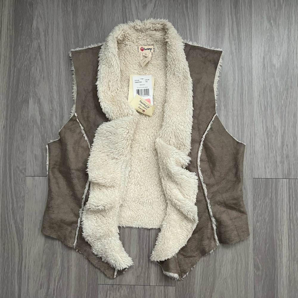 Olsenboye Faux Suede Sherpa Lined Open Front Vest Brown Cream Boho NWT Size XL